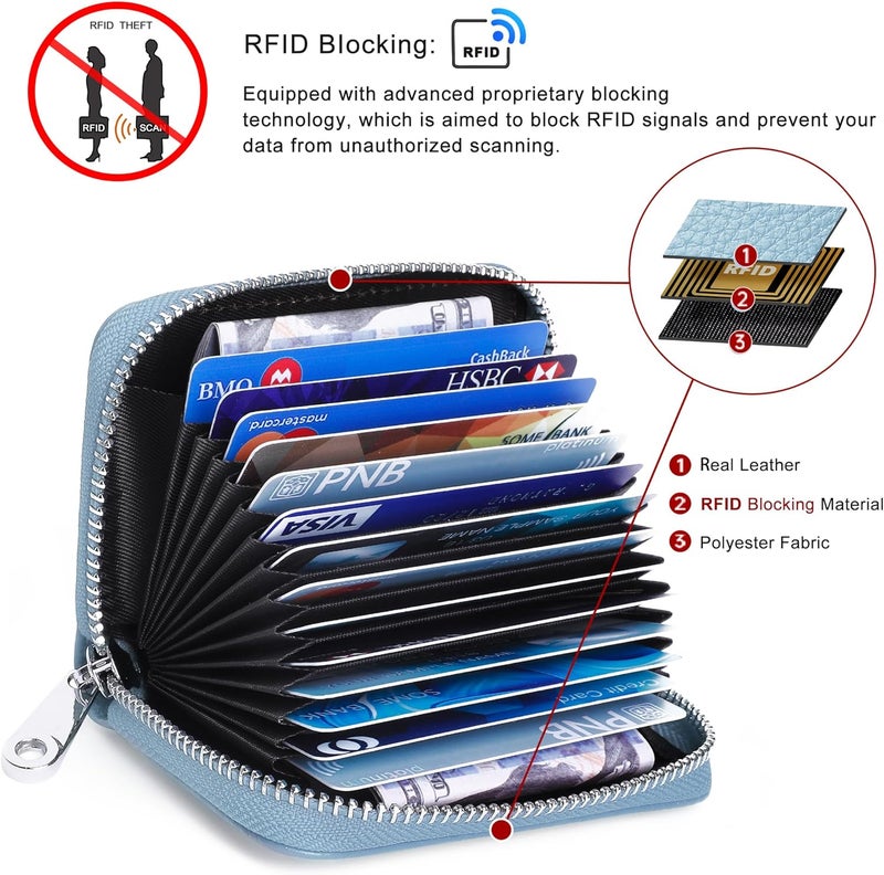 FEITH&FELLY Genuine Leather Credit Card Holder RFID Blocking Small Zipper Card Case Accordion Wallet for Women & Men - Image 3